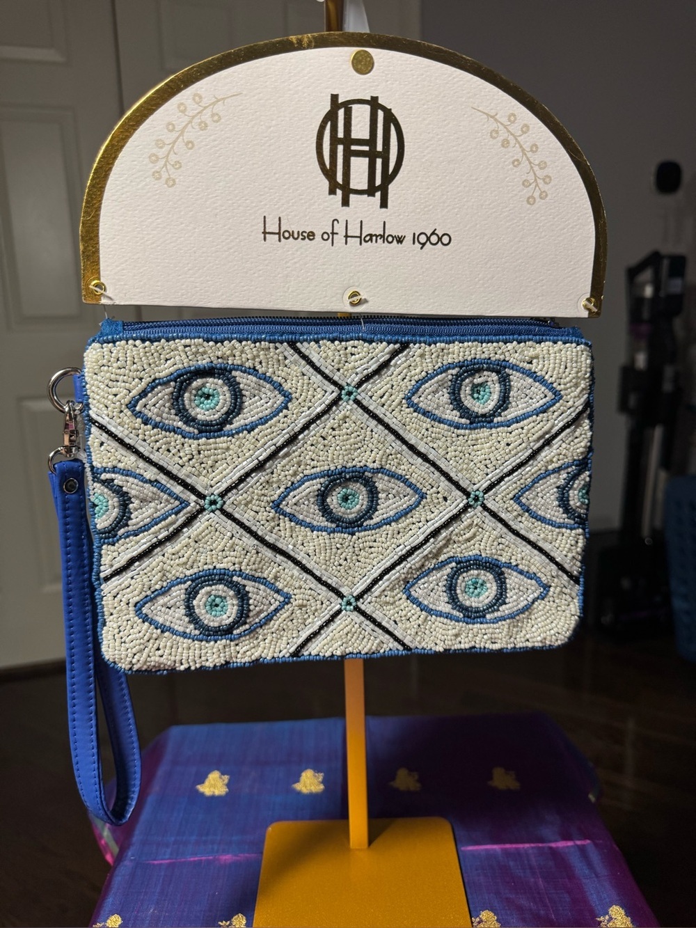 NWT House of Harlow 1960 Beaded Evil Eye Wristlet Pouch Clutch